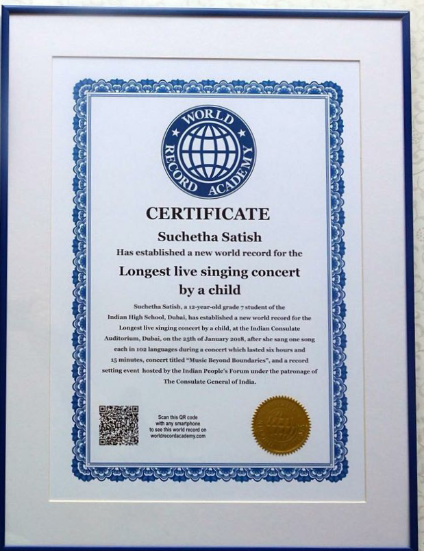 Longest live singing concert by a child- World Record Academy Jan 2018