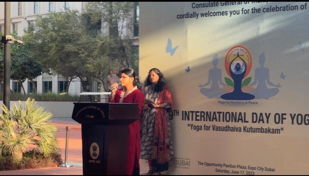 Sang the Shanti Mantras during the International Yoga Day at Expo City Dubai organized by CGI, Dubai